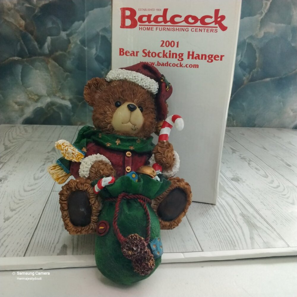 Collectible Vintage 2001 Christmas Bear Stocking Hearth Mantle Hanger Decor NIB
